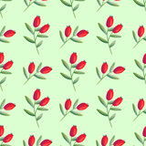 Red Rosehips with flowers and berries seamless pattern for tea. Black and white Graphic drawing, engraving style. hand drawn illustration on green background