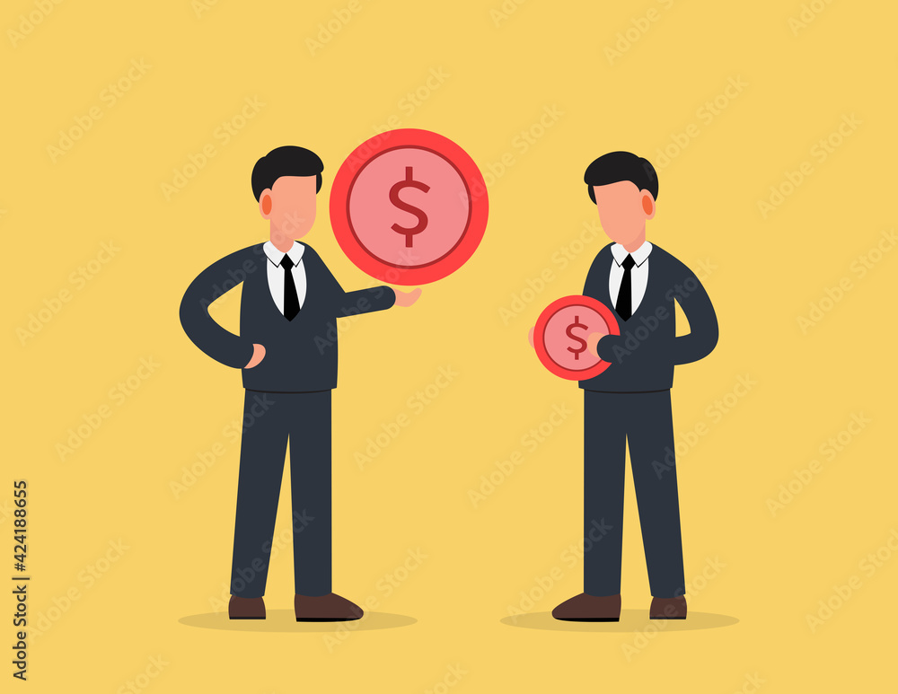 Concept of salary difference. Two business man holding small and big dollar coins. Concept of salary difference. Two business man holding small and big dollar coins.