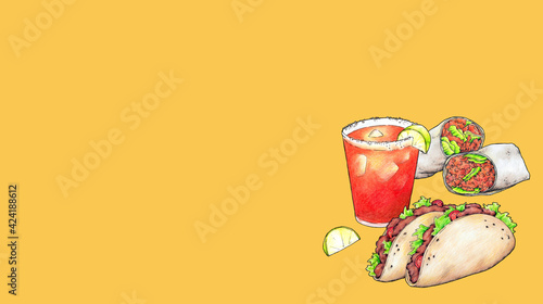Ilustración a mano de comida mexicana: burrito, taco y michelada, típico de la gastronomía mexicana. Ideal para mantel o tapete de restaurante mexicano.