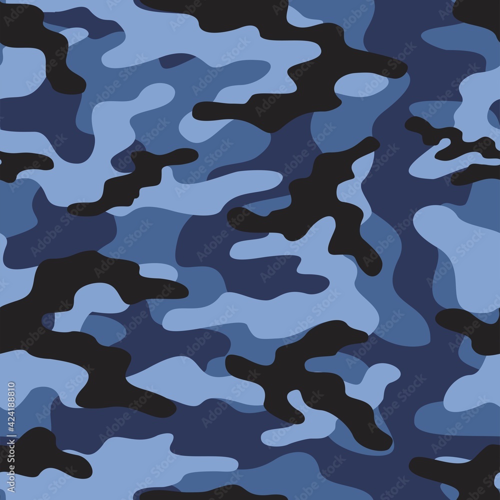blue Camouflage seamless pattern texture. Abstract modern vector military camo backgound. Fabric textile print template. Vector illustration.