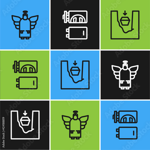 Set line Christmas angel, Coffin in grave and Crematorium icon. Vector
