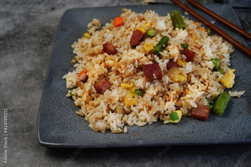 Homemade Spam Fried Rice selective focus Homemade Spam Fried Rice selective focus