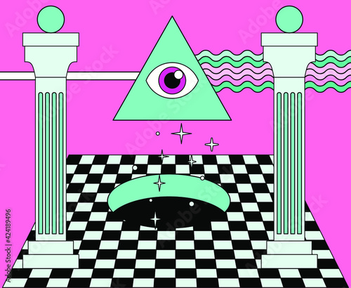 Surreal vaporwave landscape with a checkerboard floor, ancient columns and the all-seeing eye in a triangle. Trendy occult psychedelic style illustration.