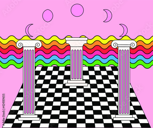 Surreal room interior with a checkerboard floor and pillars. Trendy occult psychedelic style illustration.