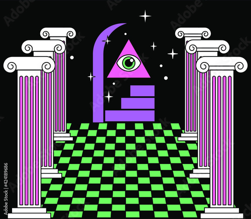 Surreal vaporwave landscape with a checkerboard floor, ancient columns and the all-seeing eye in a triangle. Trendy occult psychedelic style illustration.