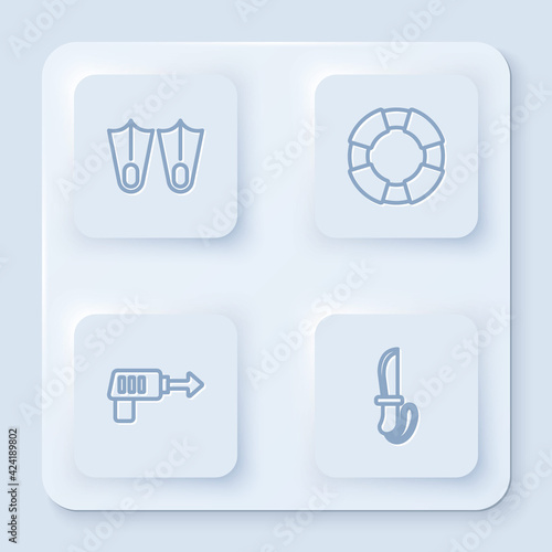 Set line Rubber flippers, Lifebuoy, Fishing harpoon and Knife. White square button. Vector
