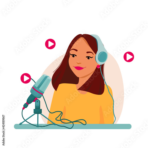 Radio host with table flat vector illustration. Media hosting doodle drawing. Female podcaster holding nameplate with podcast inscription, broadcaster at workspace isolated cartoon character.  