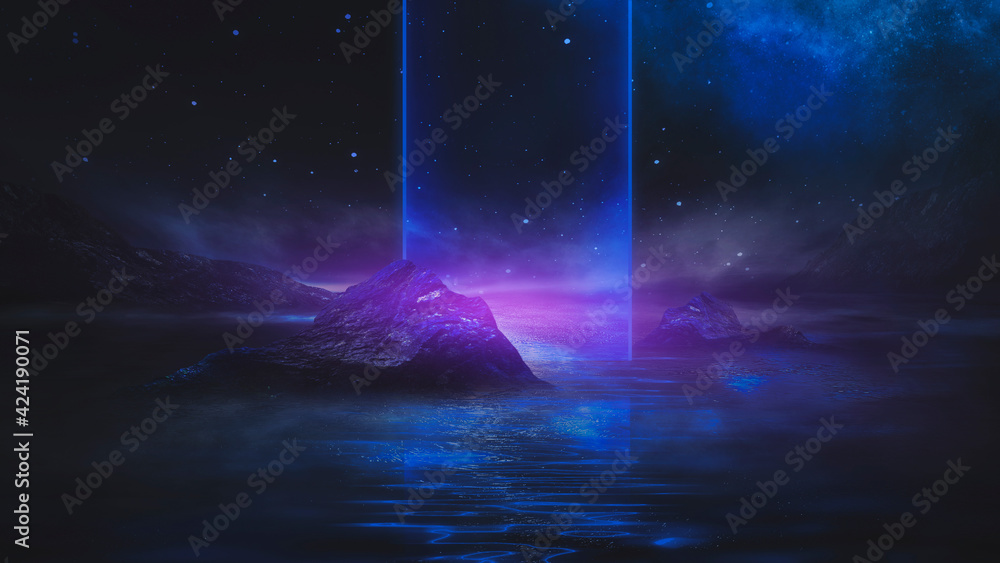 Obraz premium Futuristic fantasy night landscape with abstract landscape and island, moonlight, radiance, moon, neon. Dark natural scene with light reflection in water. Neon space galaxy portal. 3D illustration. 
