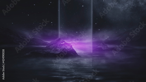 Futuristic fantasy night landscape with abstract landscape and island, moonlight, radiance, moon, neon. Dark natural scene with light reflection in water. Neon space galaxy portal. 3D illustration.	
