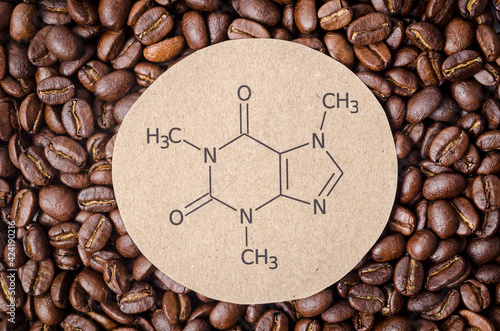 Obraz na plátně Structural chemical formula of caffeine molecule with roasted coffee beans