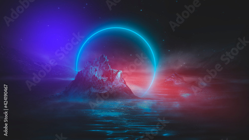 Futuristic fantasy night landscape with abstract landscape and island, moonlight, radiance, moon, neon. Dark natural scene with light reflection in water. Neon space galaxy portal. 3D illustration.   © MiaStendal