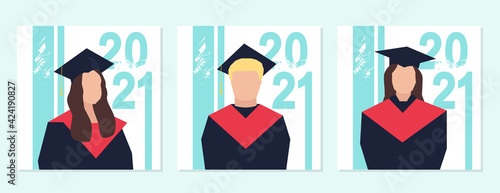 A set of cards with young women and a man in square academic caps celebrating their 2021 graduation. Vector illustration in a flat style.