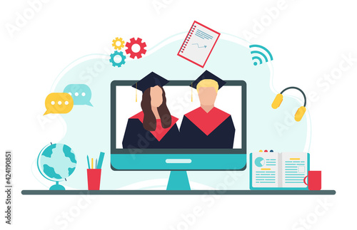 Monitor with a young woman and a man in square academic caps celebrating their online 2021 graduation. Vector illustration in a flat style.