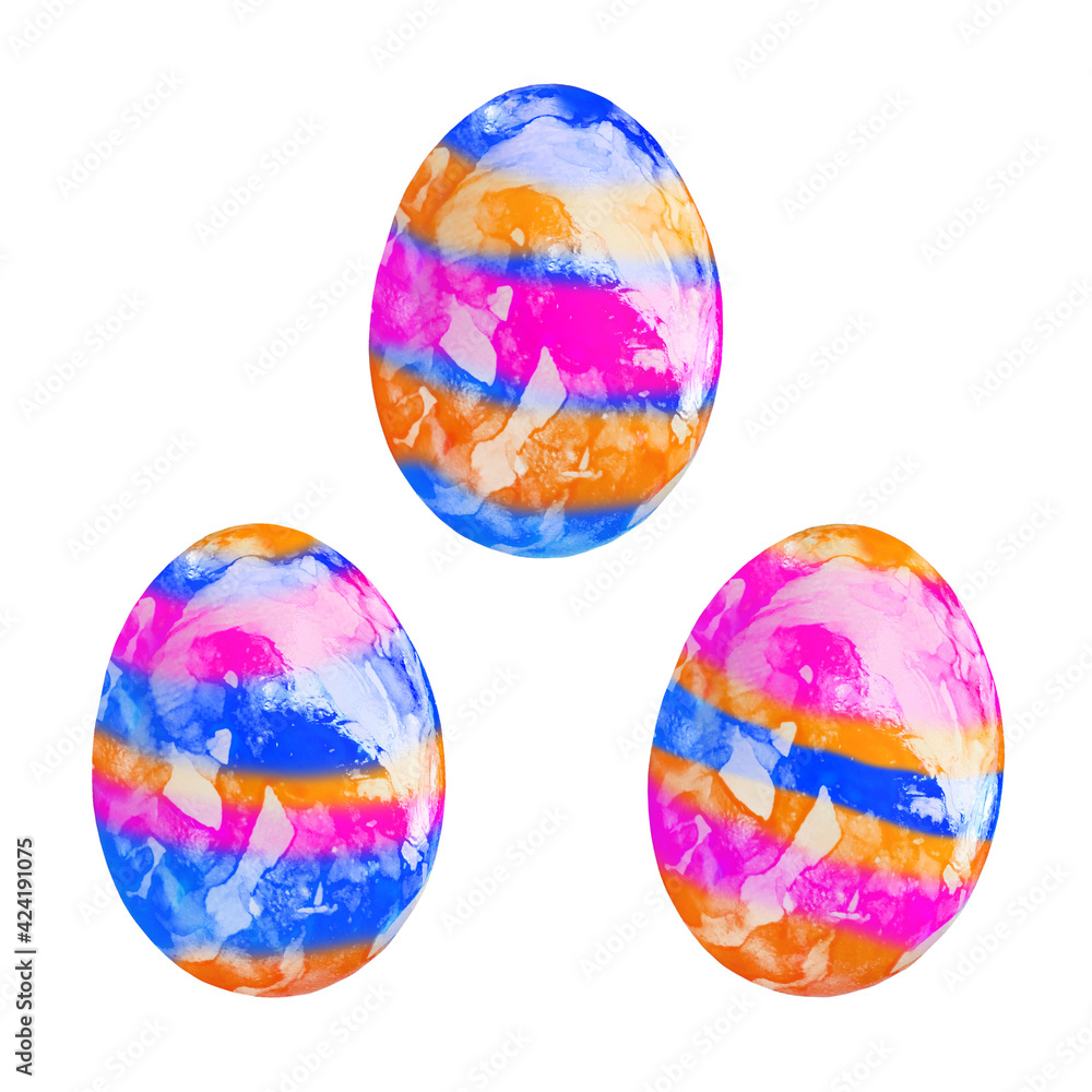 Three colored easter eggs, pink, blue and orange isolated on white background