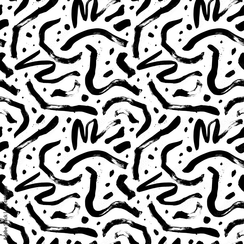 Curly waves hand drawn seamless pattern with dots. Ink brush grunge vector texture. Black wavy lines on white background. Paint brushstrokes freehand drawing. Abstract wrapping paper, textile design. Curly waves hand drawn seamless pattern with dots. Ink brush grunge vector texture. Black wavy lines on white background. Paint brushstrokes freehand drawing. Abstract wrapping paper, textile design.