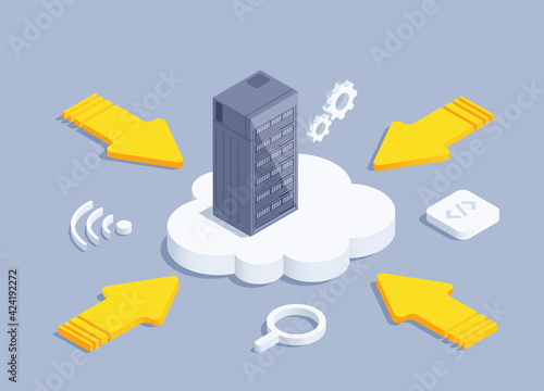 isometric vector illustration on gray background, arrows pointing to cloud with server, data storage