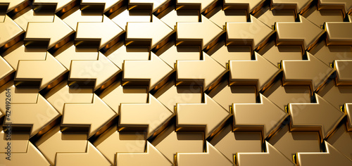 Gold bars. Arrows. Arrays. Seamless pattern background. Gold reserves. Investment. Tiles. Template for web design or wrapping. Banking. Rich lifestyle. Luxury background.  3d render.