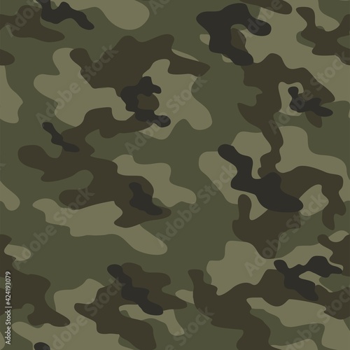 Military camo seamless pattern. Forest background on textile. Stylish new design. Ornament. Vector photo