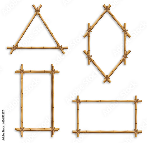 Set of vector bamboo frames. Bamboo frames, isolated vector borders made of wooden brown bamboo sticks tied with ropes of square, rectangular and round shapes.