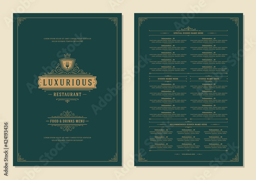 Menu design template with cover and restaurant vintage logo vector brochure.