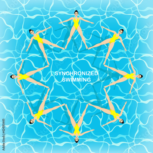 Synchronized swimming team. Group performance in the water. Artistic swimming concept. Colorful background. Water sport concept.