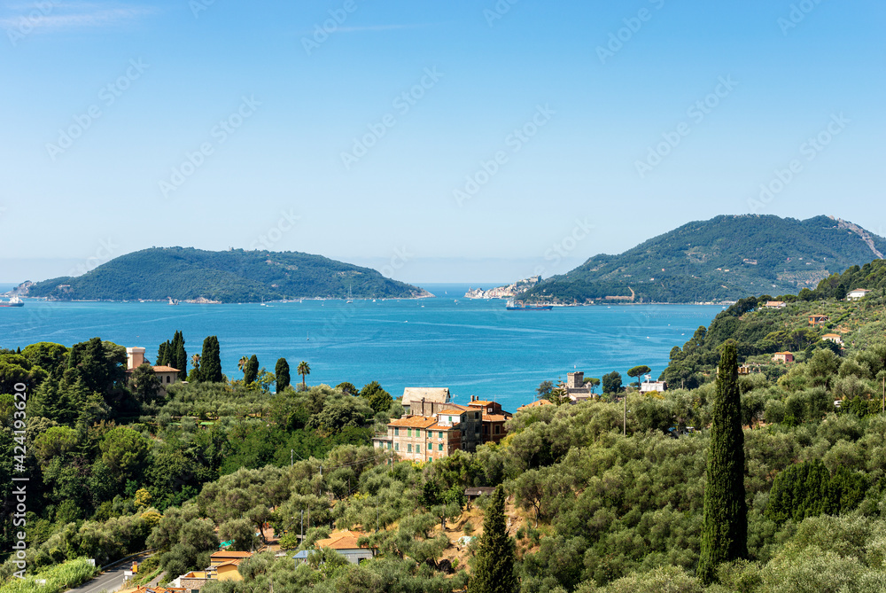 Aerial view of the Gulf of La Spezia with the Lerici and Portovenere or Porto Venere town and the Palmaria Island. Natural Landmark in Liguria region, Italy, southern Europe.