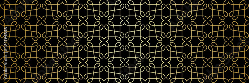Seamless pattern with golden thin curl lines and scrolls on black background. Monochrome abstract abstract geometric pattern. Decorative lattice in Arabic style. Endless thread and loops.