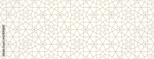 Seamless geometric pattern with stars and stylized flowers on white background. Monochrome vector abstract floral design. Decorative lattice in Arabic style. Ornament for textile, fabric and wrapping.