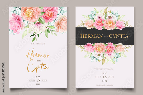 watercolor floral and leaves wedding invitation card set