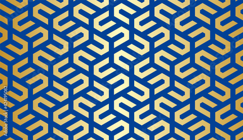 Pattern with golden bold stripes and chevrons on blue background. Seamless Abstract monochrome geometric vector drawing for textile, fabric and wrapping. Stylish design for sun louver and wrapping.