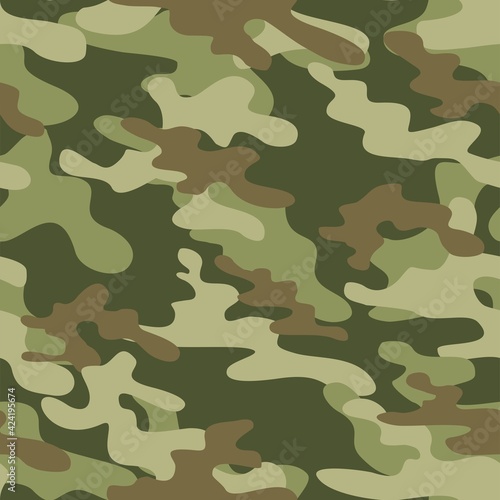 Military green camo seamless pattern. Forest background on textile. Stylish new design. Ornament. Vector