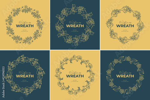 Hand drawn vector round frame. Floral wreath with leaves, berries, branches Decorative elements for design. Ink, vintage and rustic styles.