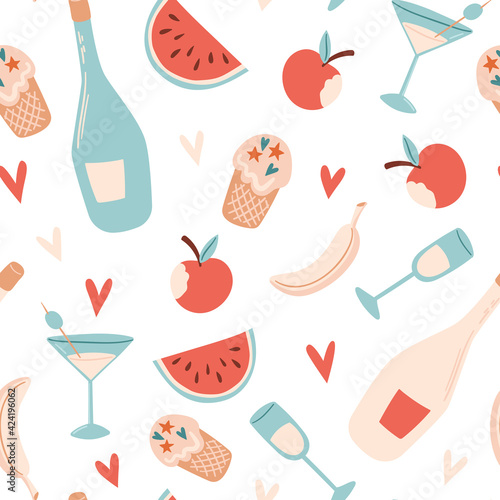 Seamless summer pattern with cocktail, apple, bottle, watermelon, ice cream, banana and heart.  Vector illustration for fabric, wrapping paper, wallpaper, textile, background
