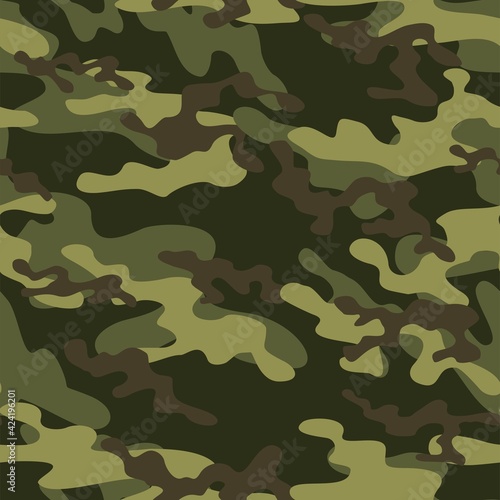 Camouflage green seamless pattern texture. Abstract modern vector military camo backgound. Fabric textile print template. Vector illustration.