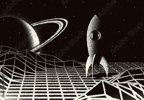 Space landscape with scenic view on planet, rocket and stars made with retro styled dotwork