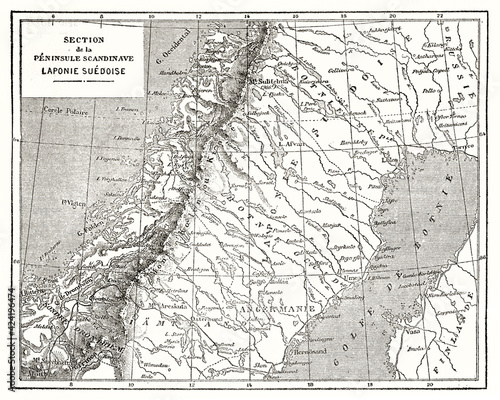 Принти на полотні Old grey tone map with vintage captions of Swedish Lapland