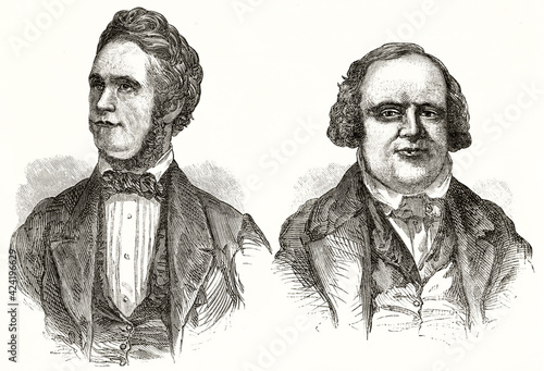 bust portrait of Taylor (1808 - 1887) and W. Richards (1804 - 1854), Mormon leaders. Ancient grey tone etching style art by unknown author, Le Tour du Monde, 1862 photo