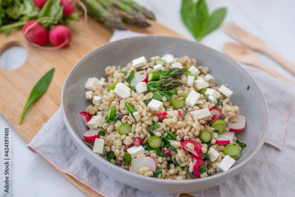 healthy home made salad primavera with barley, asparagus and wild garlic healthy home made salad primavera with barley, asparagus and wild garlic
