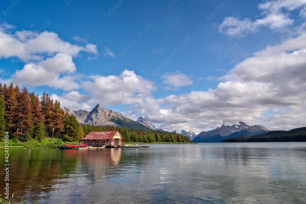 Boat house at Maligne lake  in Jasper National Park, Alberta, Rocky Mountains, Canada