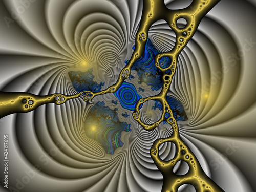 Blue yellow fractal, flowers, leaves, abstract fractal background