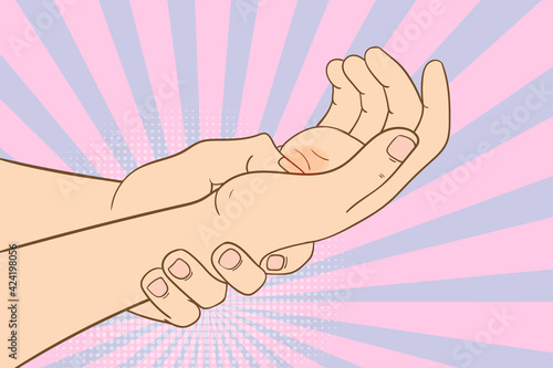 Massage the palm or hurt.pop art style colorful vector illusstration.