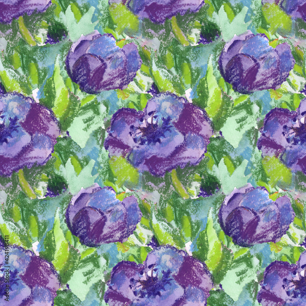 Lovely seamless pattern with mixed media violet flowers sketch made with pastel and watercolor for postcards, decoration, graphic and web design, flower shop, poster, wrapping, wallpaper, wedding