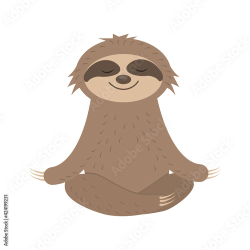 Cute Sloth Character does yoga, Meditates, vector isolated