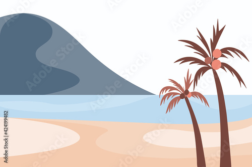 Landscape in blue tones  sky  mountains  sea  palm trees   style of minimalist   hand drawn  panorama  vector. Use for packaging  wallpaper  design for textiles  postcard  concept  clipart.