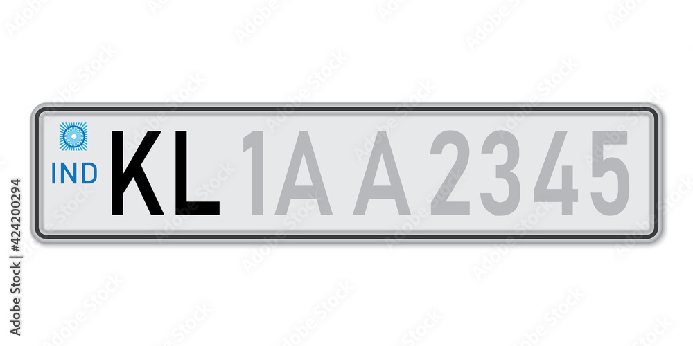 Car number plate Kerala. Vehicle registration license of India.