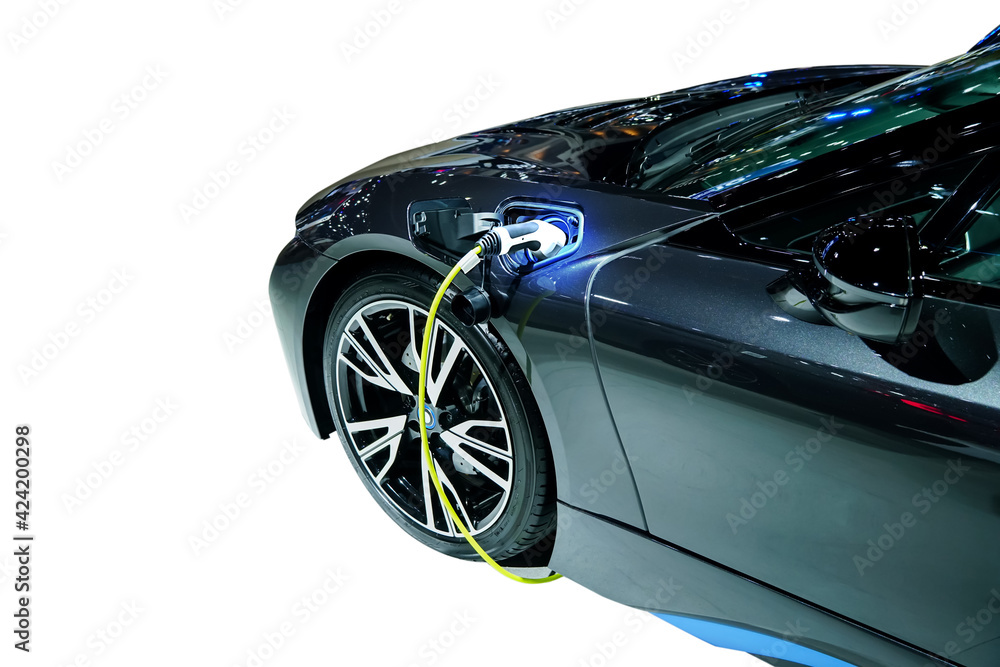 Charging an electric car, Future of transportation,on white with clipping path.                    