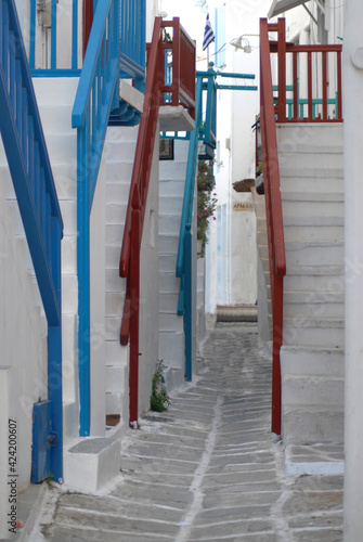 Greece- An empty Narrow Residential Street in Colorful Mykonos