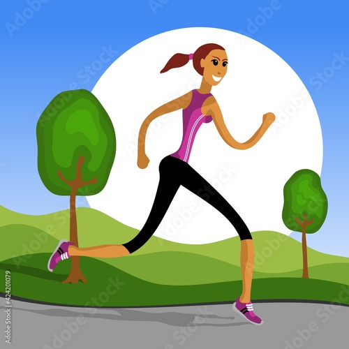 A sportive girl goes jogging in the park. Woman engaged in jogging. Vector illustration.