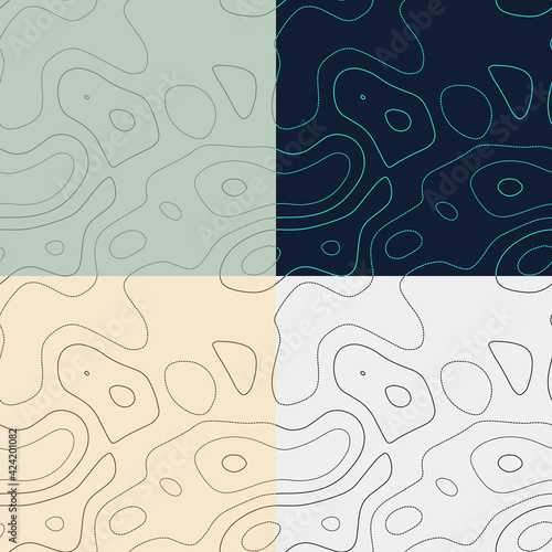 Topography patterns. Seamless elevation map tiles. Awesome isoline background. Appealing tileable patterns. Vector illustration.