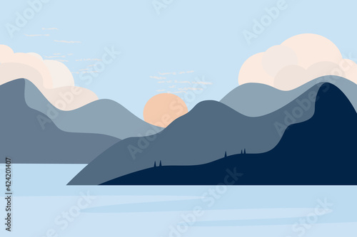 Fototapeta Naklejka Na Ścianę i Meble -  Landscape in blue tones, sky, mountains, river, sea, trees,  style of minimalist , hand drawn, panorama, vector. Use for packaging, wallpaper, design for textiles, postcard, concept, clipart.